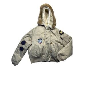 Rocawear Cropped Bomber Flight Jacket Patches Sz L Real Fur Hood Y2K Down Fill